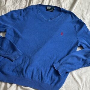 Polo by Ralph Lauren Men’s Royal Blue V-Neck Sweater with Red Pony